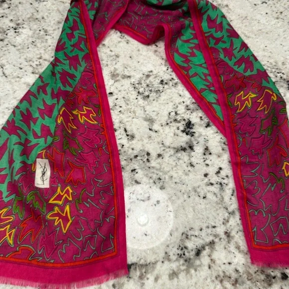 YSL Pink and Green Leaf Pattern Scarf - Picture 2 of 4